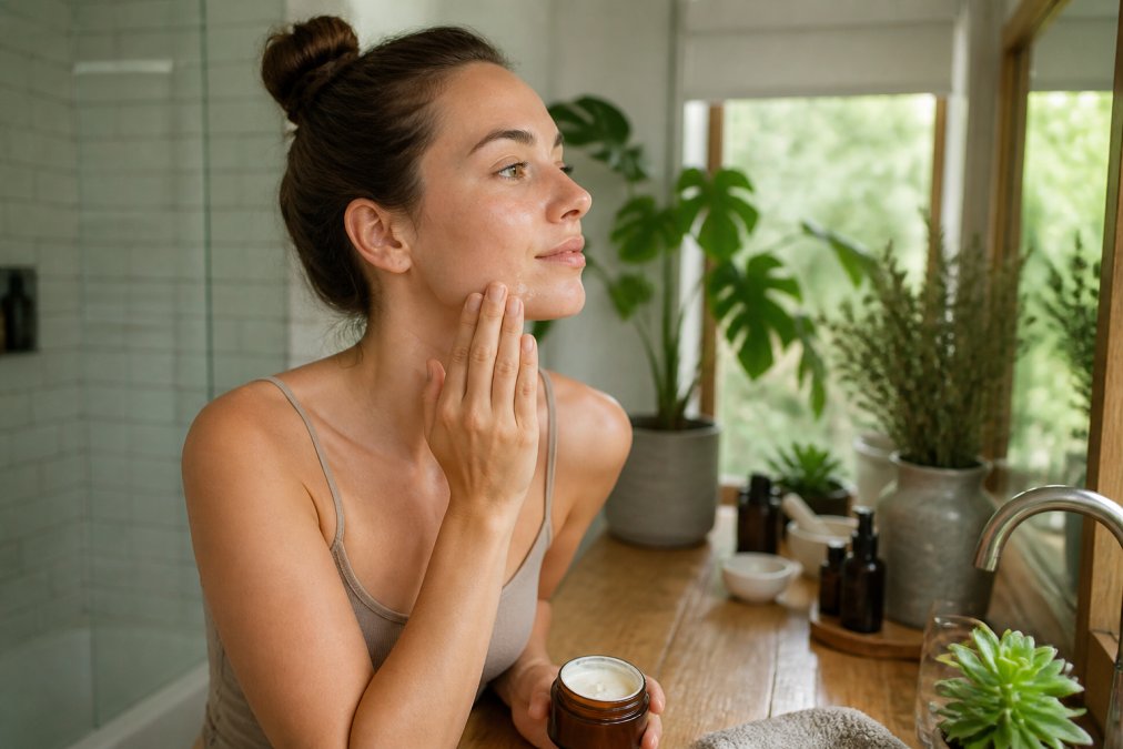 Woman applying natural skincare tallow balm to her jawline in a sunlit bathroom