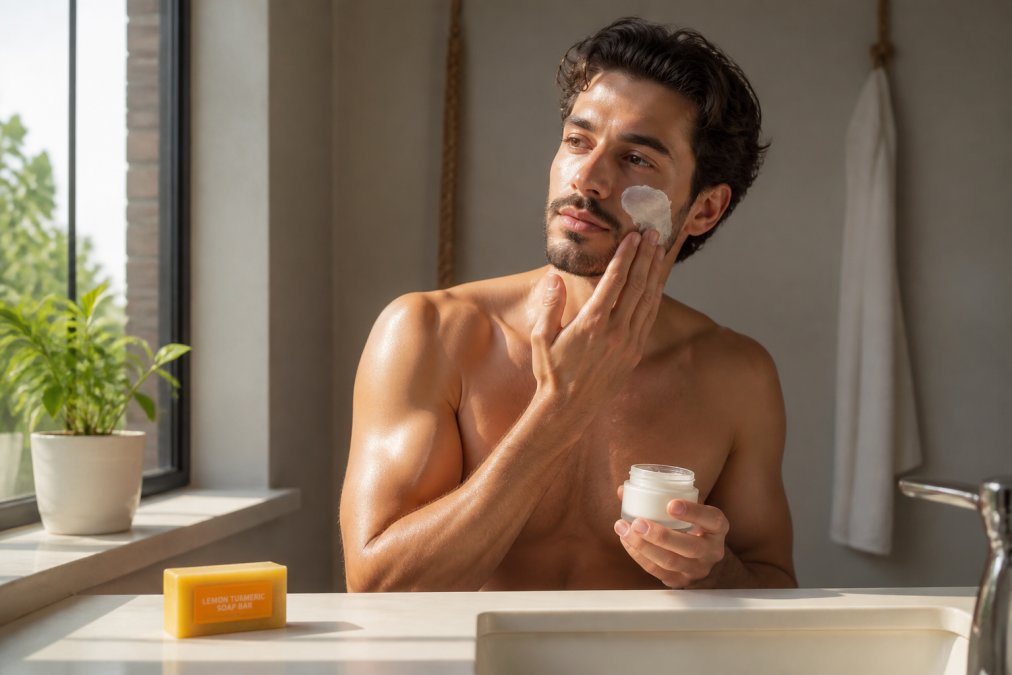 Man in a bathroom applying natural skincare product to his face with morning sunlight streaming through the window, showing the cleanse and moisturize steps