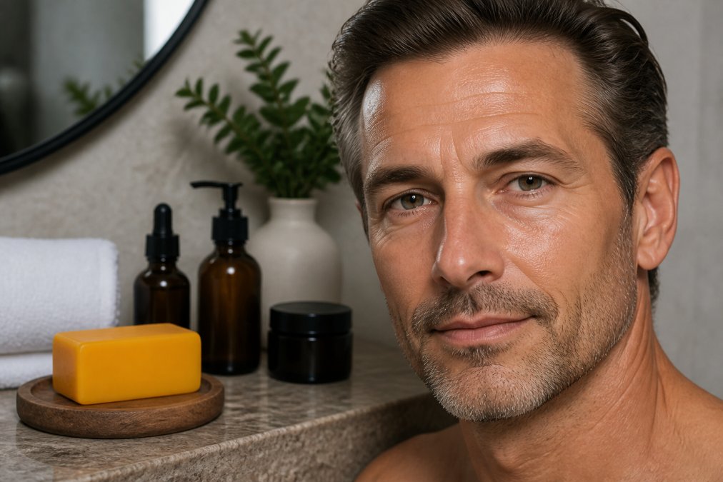 Close-up of a man's face showing healthy, hydrated skin texture, with natural skincare products like serums and creams visible on the bathroom counter beside him