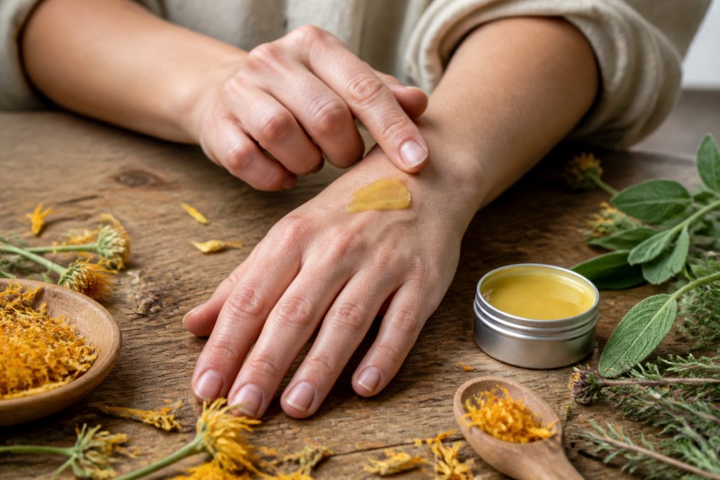 Close-up of a woman's hands gently applying a natural herbal salve from a small tin to the back of her other hand, surrounded by dried calendula flowers and green botanical leaves on a wooden surface