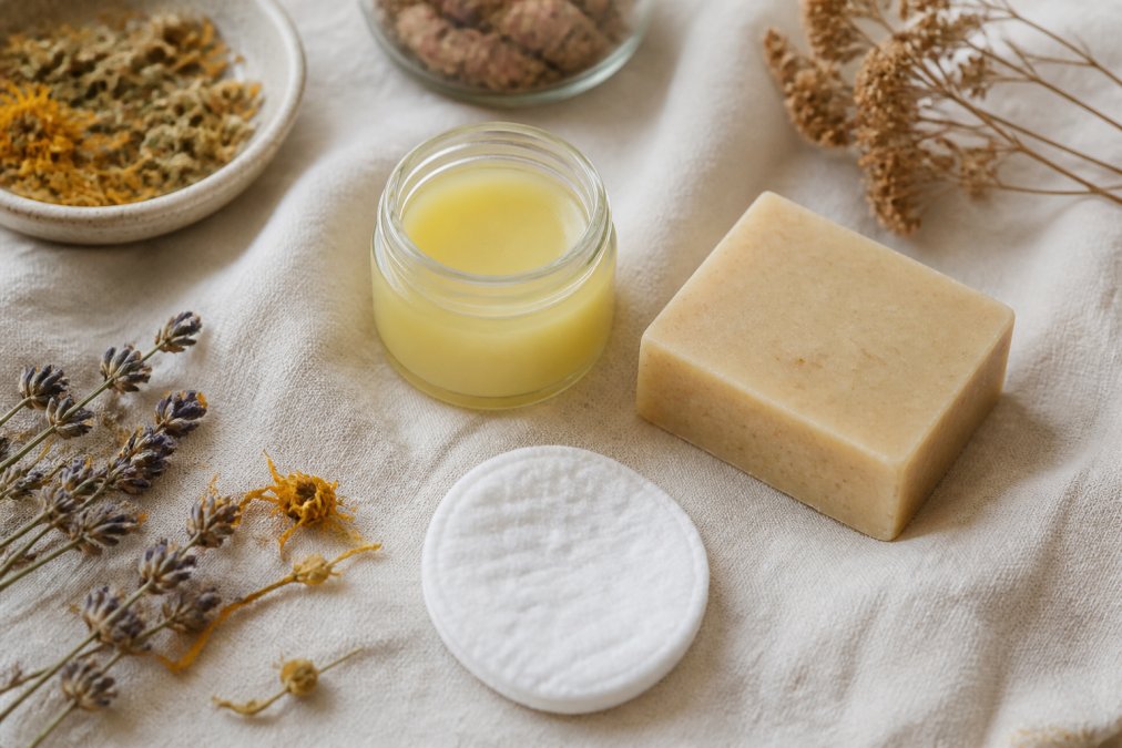 A flat-lay of a minimal natural skincare routine: a small glass jar of balm, a bar of unpackaged soap, dried herbs, and a cotton pad arranged neatly on a pale linen cloth in soft natural light