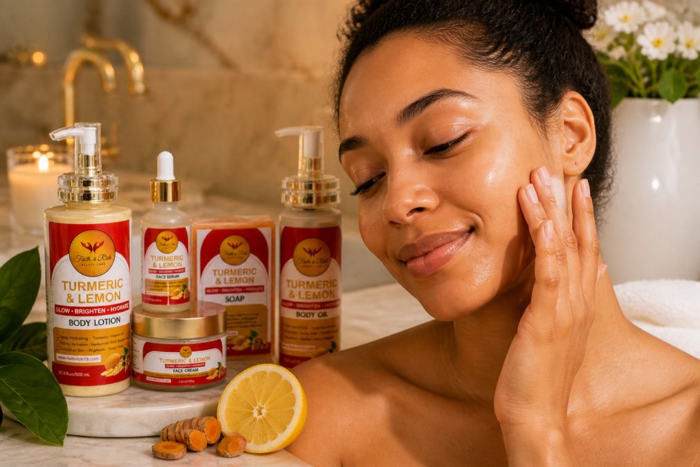 Woman's face with clear, radiant skin showing even complexion, natural morning light illuminating her cheek as she gently touches her face, skincare products visible in soft focus background