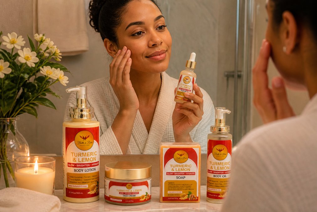 Woman at bathroom vanity in morning light, holding a serum bottle, applying skincare products with several bottles arranged on marble counter