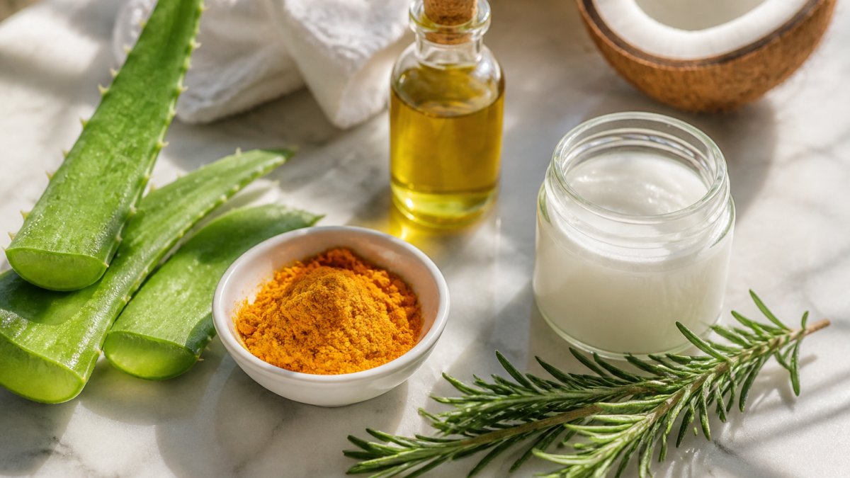 Flat lay of natural skincare ingredients on a marble counter: fresh aloe vera leaf, small bowl of turmeric powder, jojoba oil bottle, coconut oil jar, and a sprig of rosemary, with soft morning light