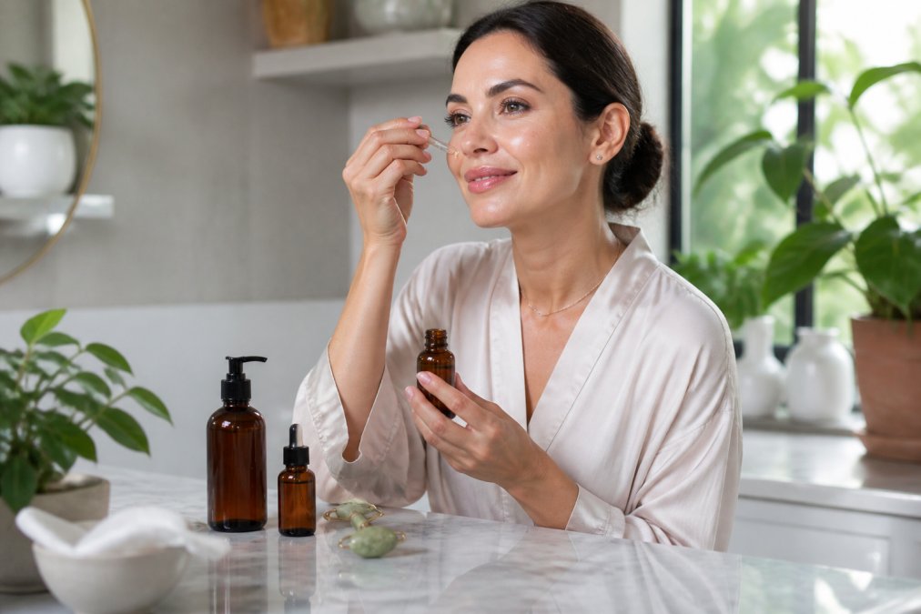 Woman in her 30s applying natural skincare serum in a bright, plant-filled bathroom with marble counters.