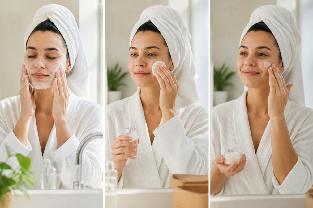 Woman applying natural skincare products in sequence on her face, showing cleansing, toning, and moisturizing steps in a bright, clean bathroom setting with natural morning light