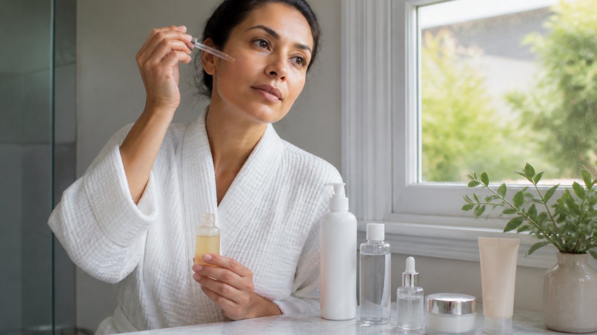 A woman in her late 30s standing at a bathroom vanity applying serum to her face, with skincare bottles and a tube of sunscreen arranged neatly on the marble countertop, soft morning light through a nearby window