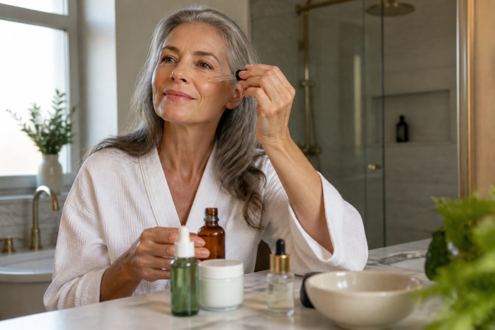 A woman in her 50s with radiant skin applying facial serum in a bright bathroom, surrounded by natural skincare products like rosehip oil and hyaluronic acid serum