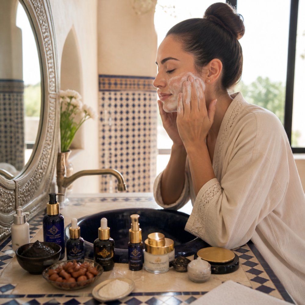 Person performing a multi-step skincare routine at a bathroom sink with natural morning light, showing hands applying cleansing products, serums, and moisturizers in sequence