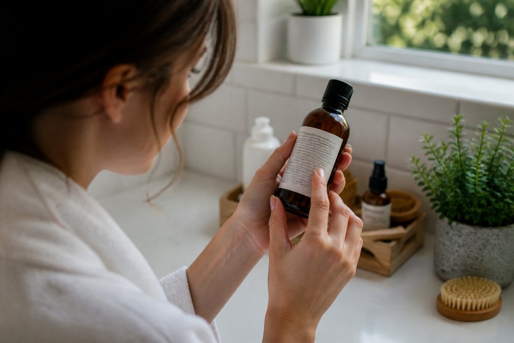 Woman reading a natural skincare product label in a sunlit bathroom