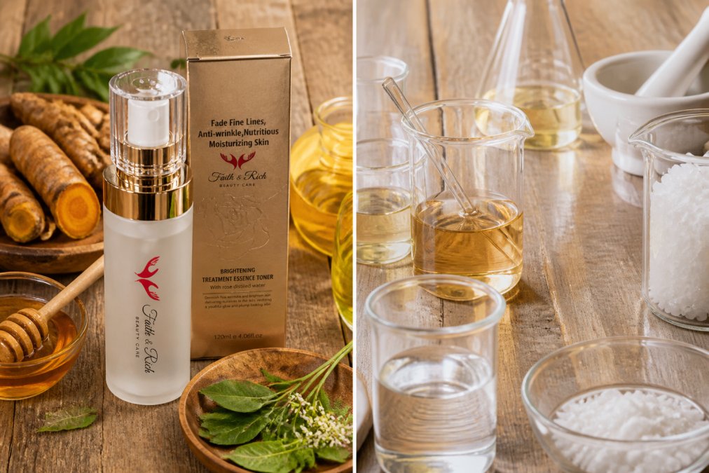 Close-up of natural botanical ingredients, fresh turmeric root, honey, vibrant plant leaves, and botanical extracts arranged on a wooden surface with warm, diffused natural lighting