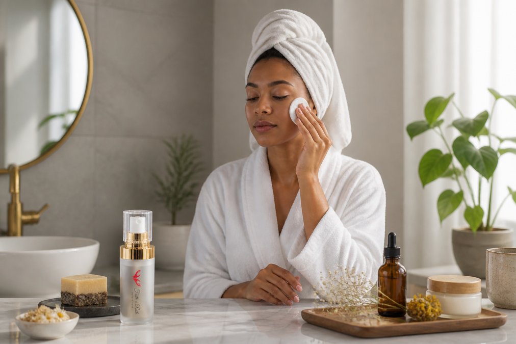 Woman carefully applying toner to her face in a serene, minimalist bathroom setting with soft morning light, skincare bottles and natural products organized on a marble counter