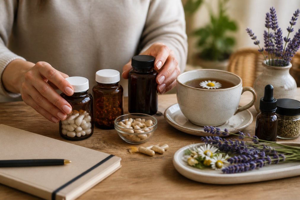 A person's hands carefully arranging various natural sleep aid supplements including bottles of magnesium glycinate, melatonin, herbal capsules, and a cup of chamomile tea on a light wooden surface with wellness items like a journal and lavender sprigs nearby