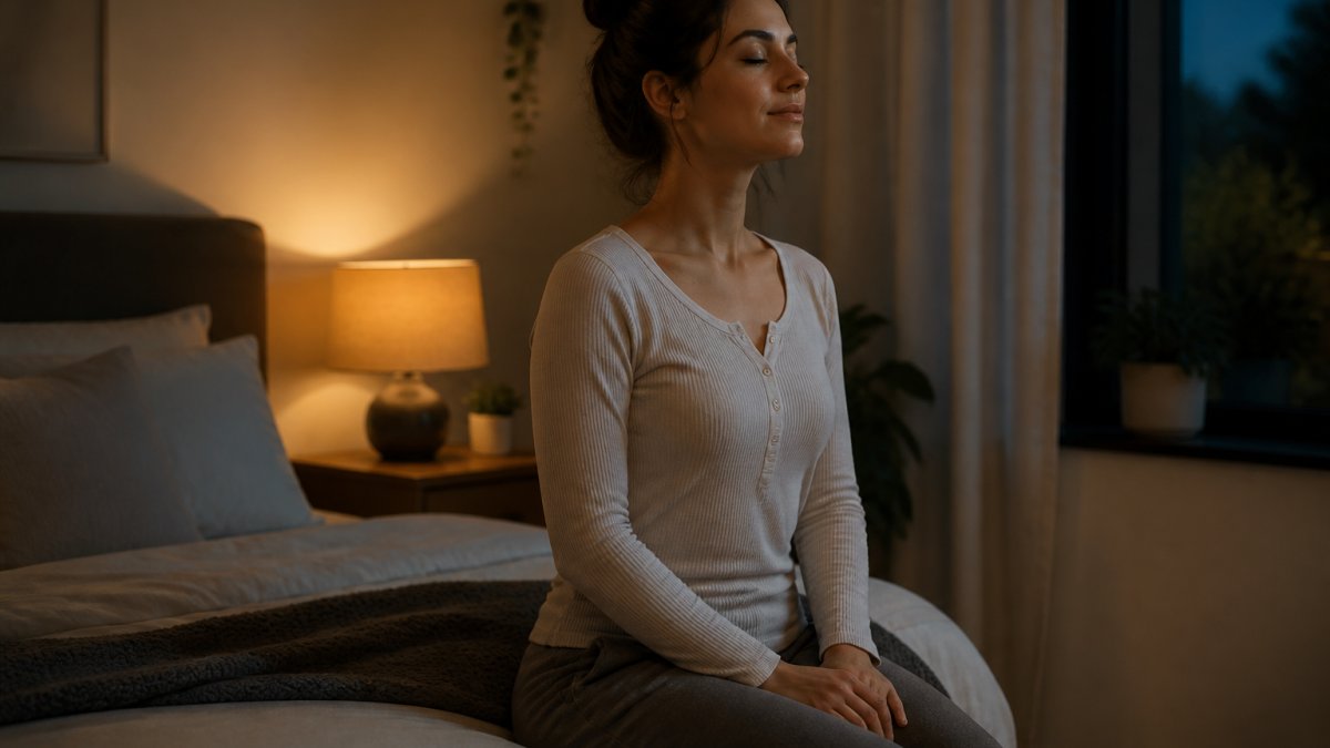 Person in a calm bedroom at night, sitting peacefully on the edge of the bed with hands resting gently on lap, soft warm lighting from a bedside lamp, serene expression suggesting relaxation and stress relief