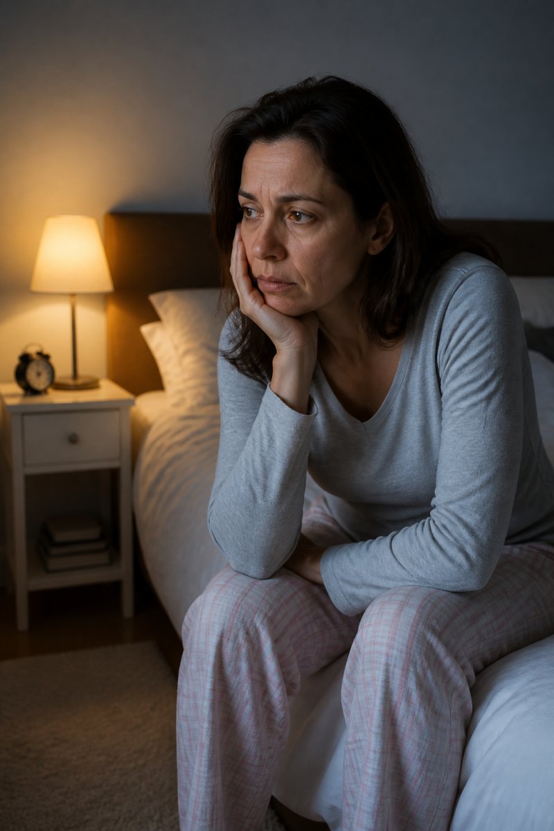 Woman in her 40s sitting on the edge of a bed at night, looking tired, with soft lamp light in the background