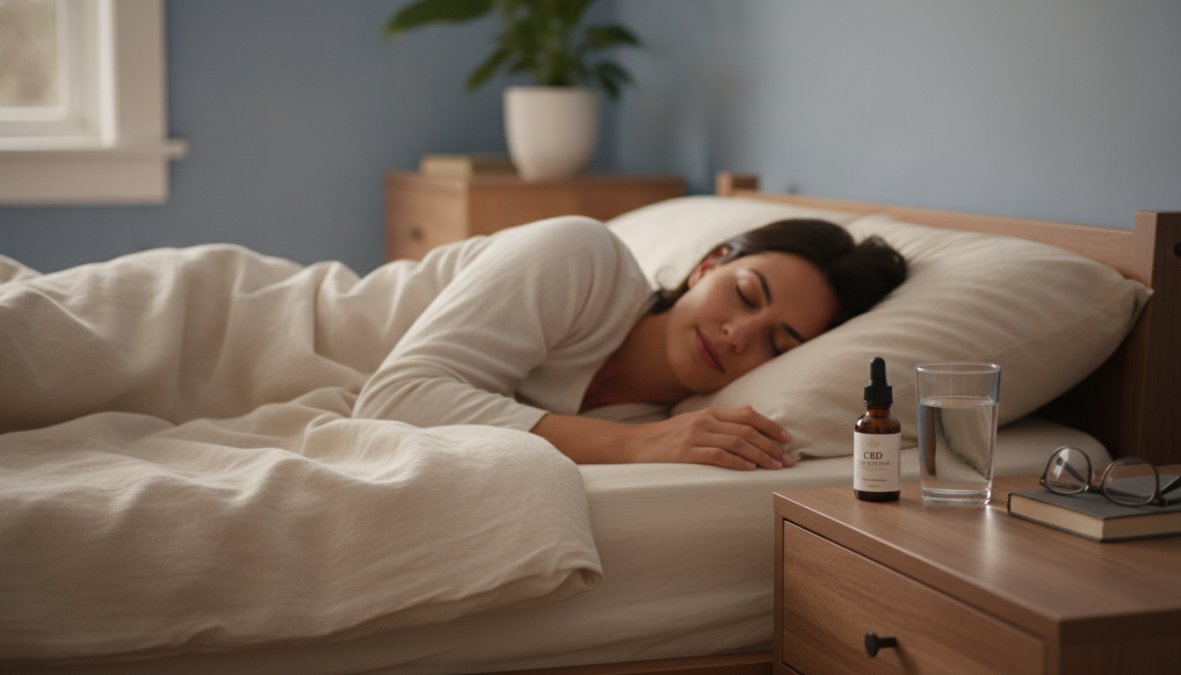 A person lying peacefully in bed in a softly lit bedroom, eyes closed, with a small amber glass CBD tincture bottle and a glass of water on the nightstand