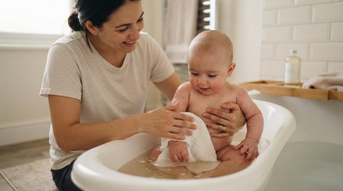 Parent gently bathing a baby in a shallow warm bath with a soft washcloth, showing tender care and proper technique for sensitive skin care