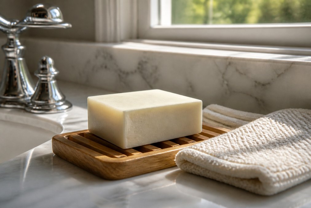 Natural goat milk soap for rosacea prone skin on a wooden dish with a folded cotton washcloth in morning light