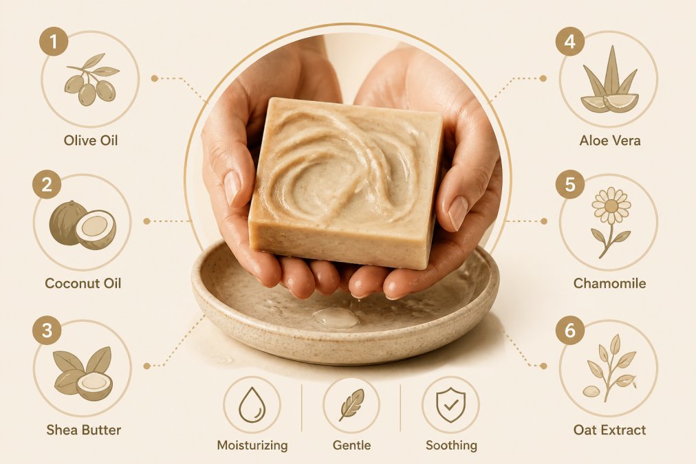 Close-up of natural soap bar with visible creamy texture and plant oils, hands gently holding the soap over a ceramic dish with water droplets and soft natural lighting