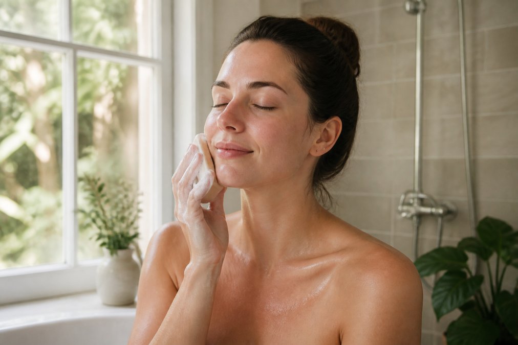 Person with calm, clear skin applying natural soap in a bright bathroom with natural light, emphasizing the gentle, mindful care routine with soft water droplets