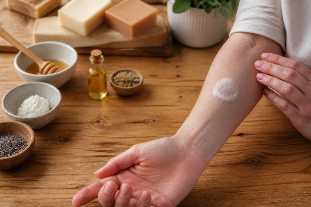 Close-up of a person's inner forearm with a small amount of white soap lather applied to a coin-sized patch of skin, the rest of the arm clean and bare, photographed under soft natural daylight with a calm, clinical feel