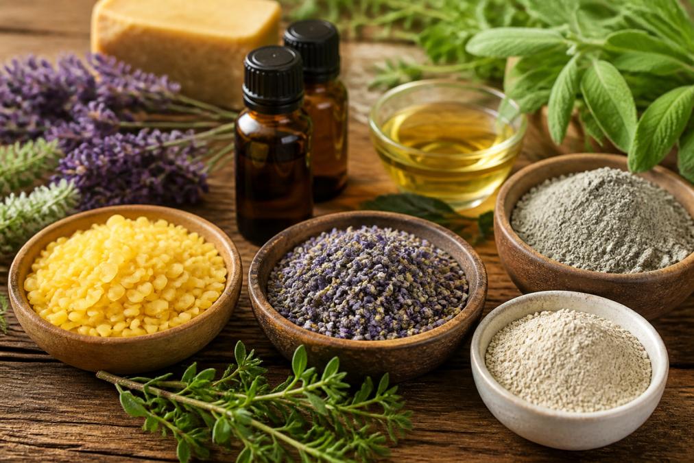 Beeswax, lavender, and clay powder arranged as natural soap ingredients on a rustic wooden surface.