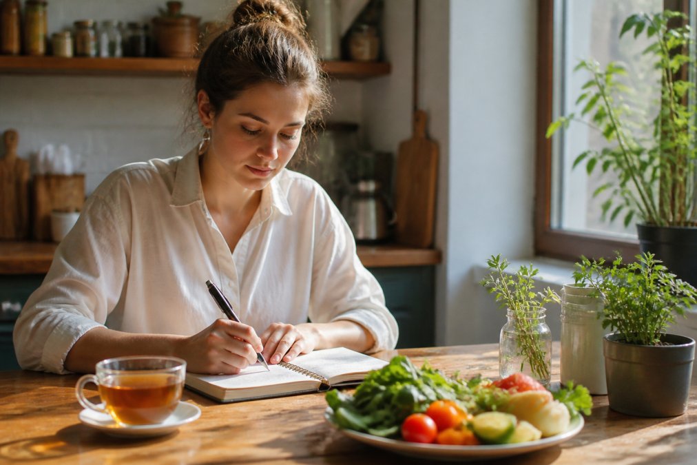 A person sitting at a sunlit kitchen table with a notebook, a cup of herbal tea, and a plate of colourful vegetables, looking calm and focused