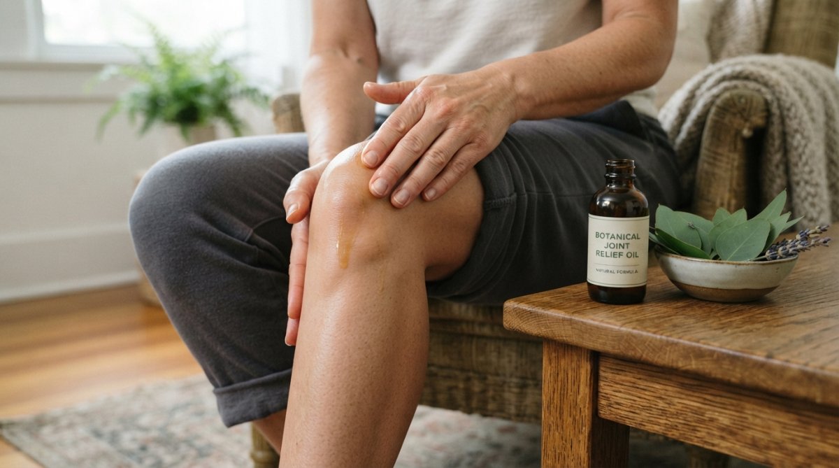 Diagram illustrating the process of applying botanical oil to a knee for muscle and joint relief
