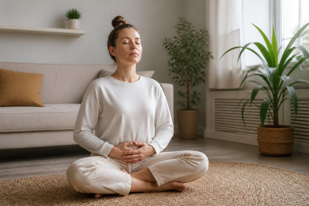 Person sitting calmly with eyes closed practicing deep breathing as one of many natural solutions for stress relief