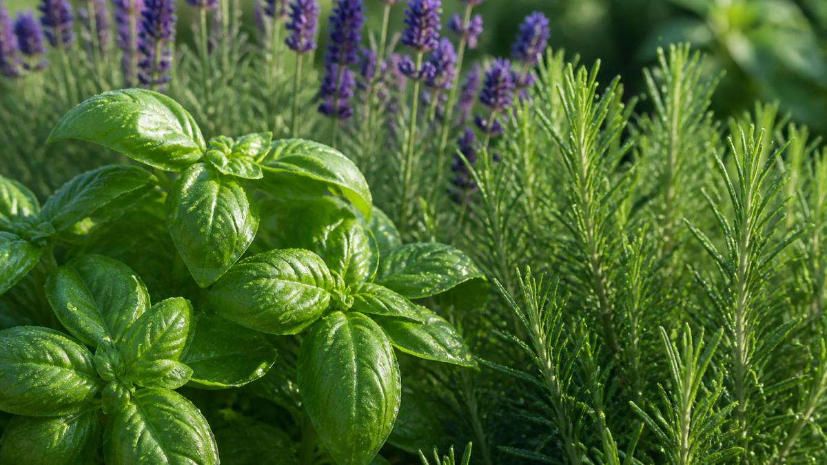 Close-up of fresh basil, lavender, and rosemary plants with water droplets on leaves in a sunny garden setting, showing vibrant green foliage and natural texture