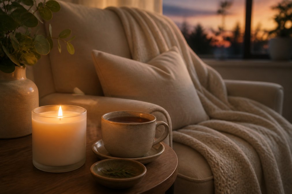 Infographic comparing soy vs paraffin wax properties for a calm, cozy evening atmosphere at home.
