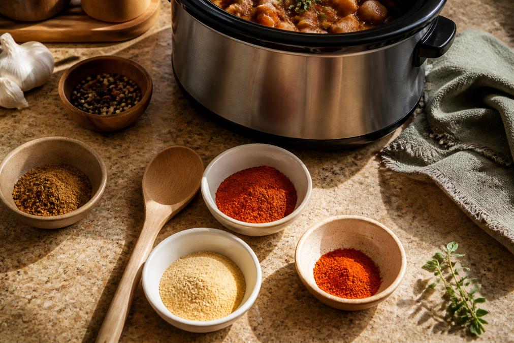 Small bowls of spices arranged around a wooden spoon near a slow cooker to make natural spice rub alternatives