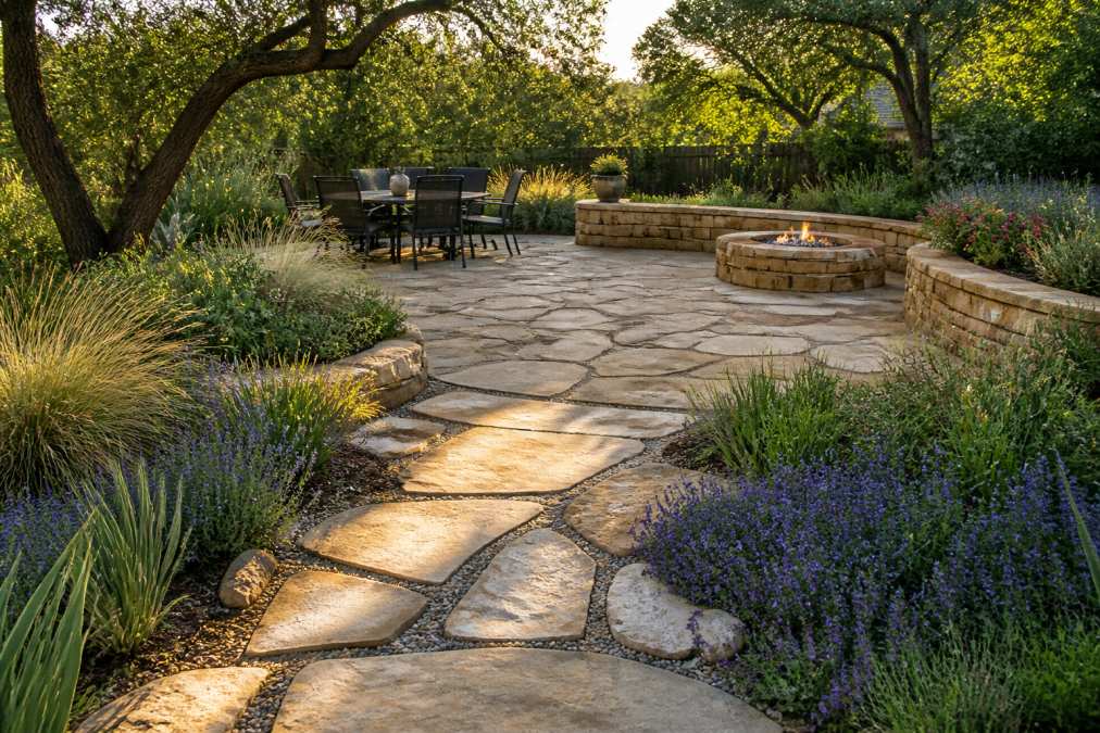 A completed natural stone patio in a backyard surrounded by native Texas plants like salvia and ornamental grasses, with a flagstone walkway leading to the patio and a fire pit in the corner, photographed in warm afternoon light