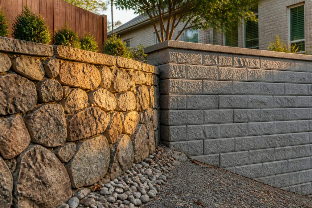 A natural stone retaining wall with irregular organic textures beside a manufactured concrete block wall with uniform clean lines in a suburban backyard, late afternoon sunlight raking across both faces