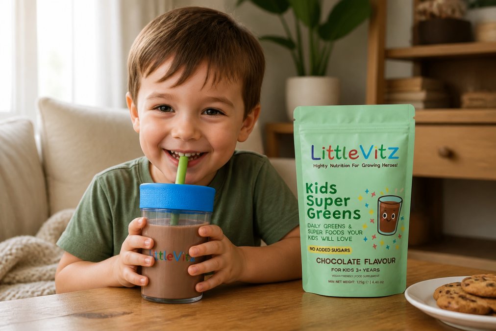 Professional illustration showing young and child and happily concepts for natural superfood supplements for growing toddlers
