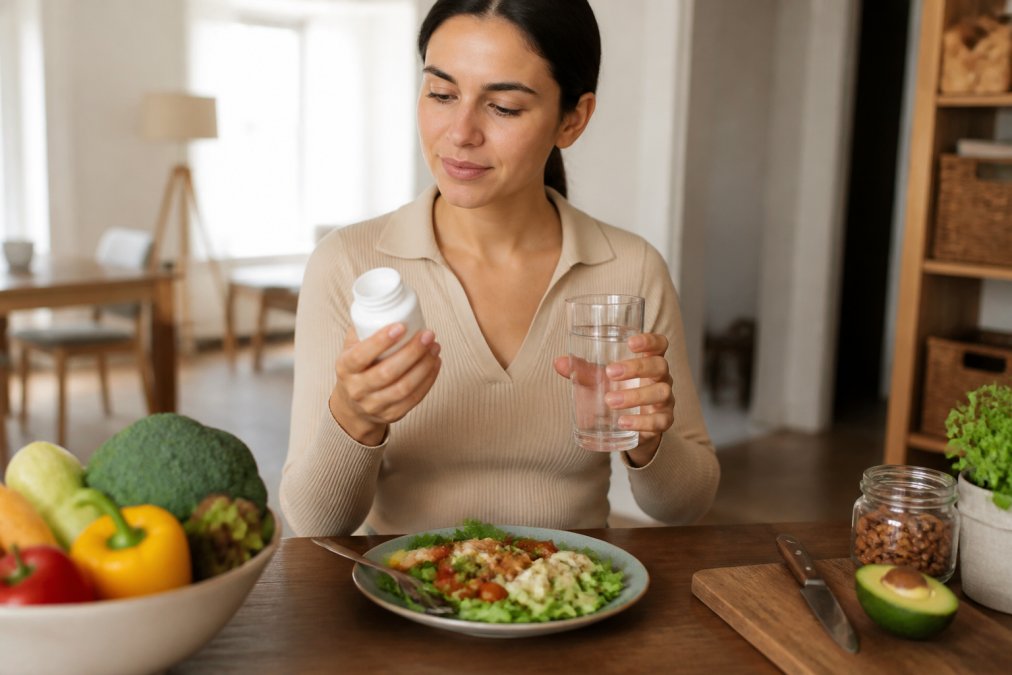 Infographic showing a step-by-step process for taking natural supplements for chronic bloating alongside healthy meals.