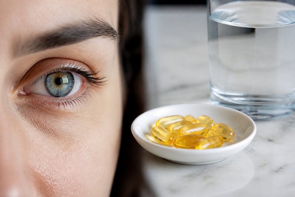 Close-up of an eye beside omega-3 capsules and water, representing natural supplements for chronic dry eye syndrome.