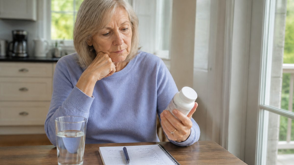 Infographic showing the link between nutrient deficiencies and chronic fatigue symptoms with a woman checking vitamins