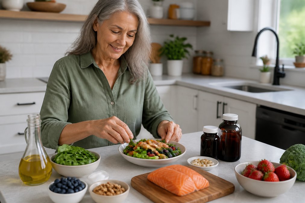 An older adult woman preparing a colorful meal with leafy greens, salmon, berries, and olive oil on a bright kitchen counter, with supplement capsules in a small dish nearby