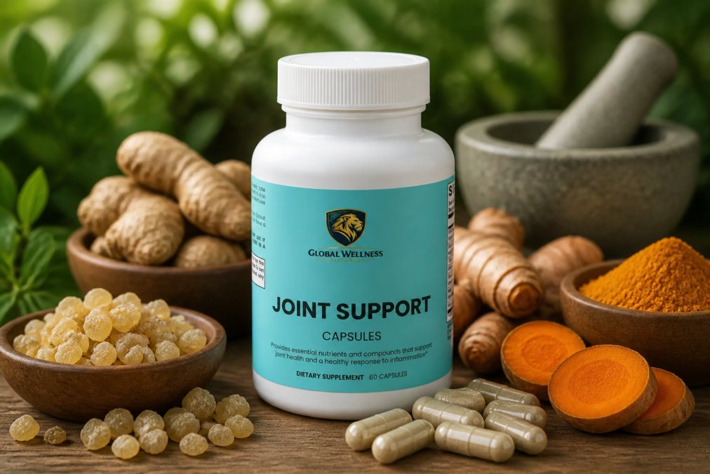 Close-up of natural supplement capsules and dried herbs including turmeric root, boswellia, and ginger arranged on a wooden surface with soft natural lighting