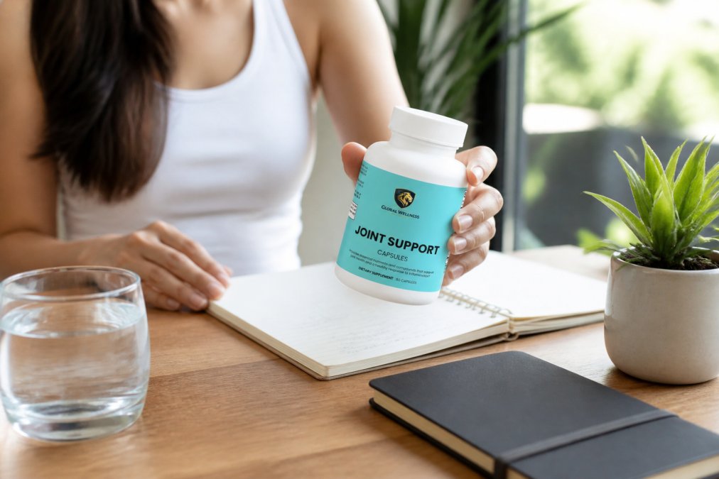 Person holding a supplement bottle while reviewing wellness notes at a desk, with a glass of water and a wellness journal visible in soft natural light