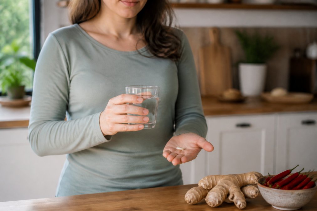 Person holding natural supplements and water in a kitchen with ginger and cayenne pepper nearby