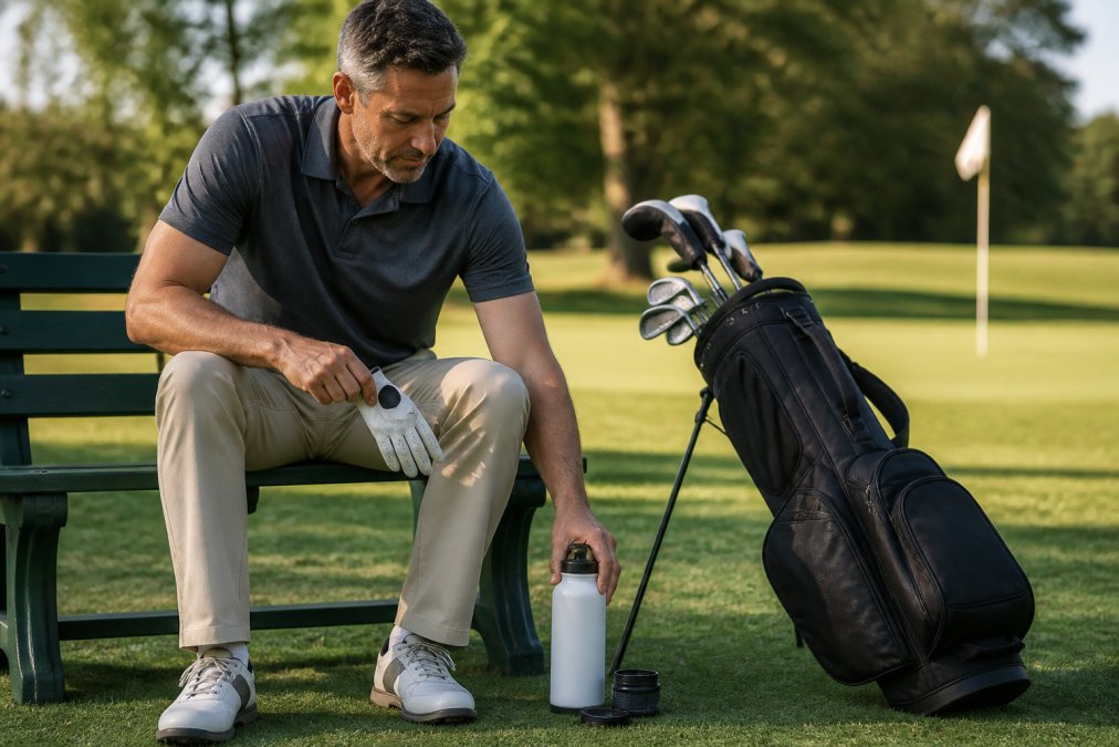 A golfer in his 40s sitting on a bench at the edge of a green, removing his golf glove and reaching for a water bottle and a small supplement container on the grass next to his golf bag