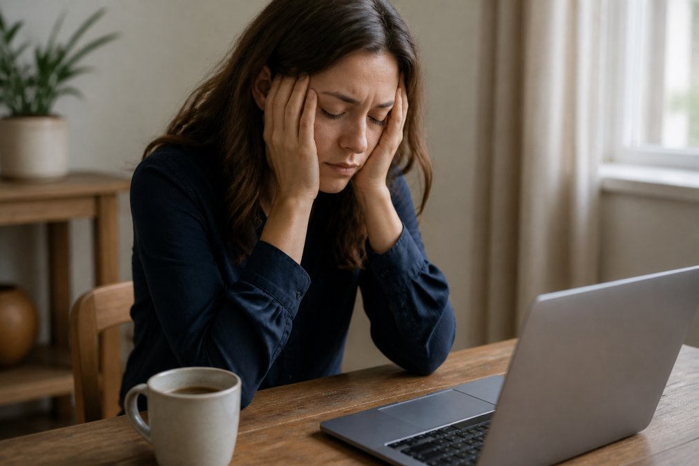 A woman sitting at a wooden desk in soft morning light, resting her head in both hands with eyes closed, a half-empty coffee mug beside her laptop, looking visibly drained and fatigued