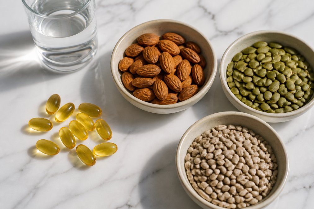 Flat lay of amber supplement capsules, a small glass of water, and ceramic bowls filled with almonds, pumpkin seeds, and sunflower seeds arranged neatly on a clean white marble surface in bright natural light