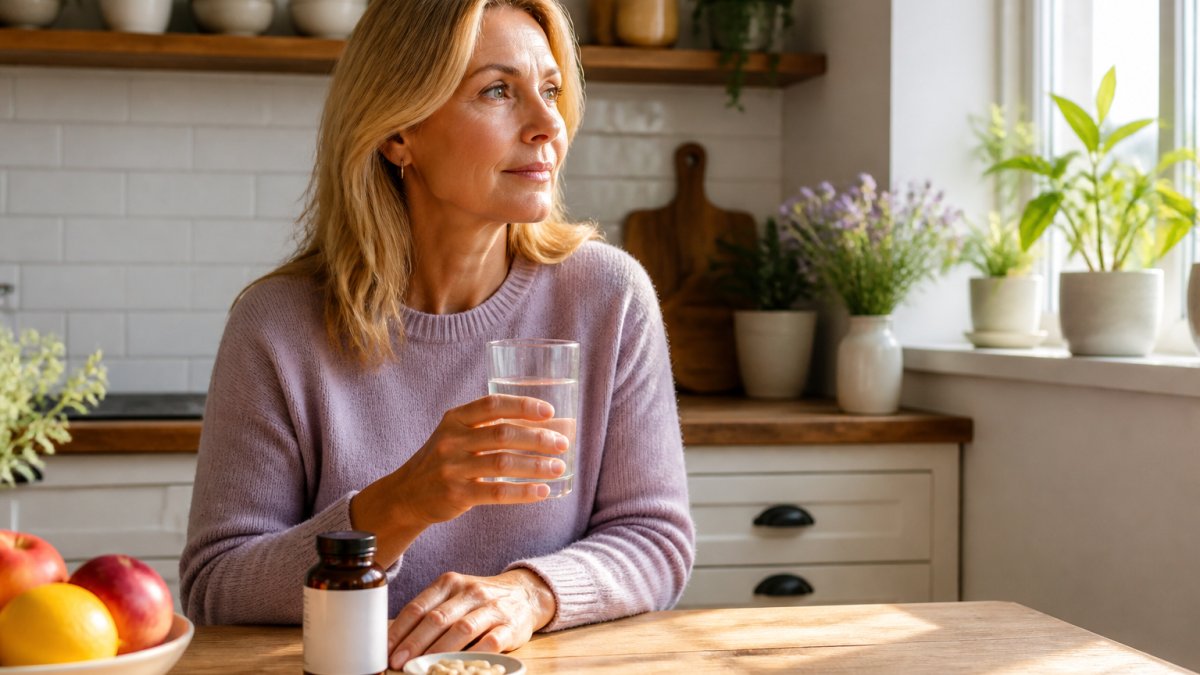 A woman in her fifties sitting at a bright kitchen table with a glass of water, a daily supplement bottle and a small dish of capsules in front of her, morning light through the window