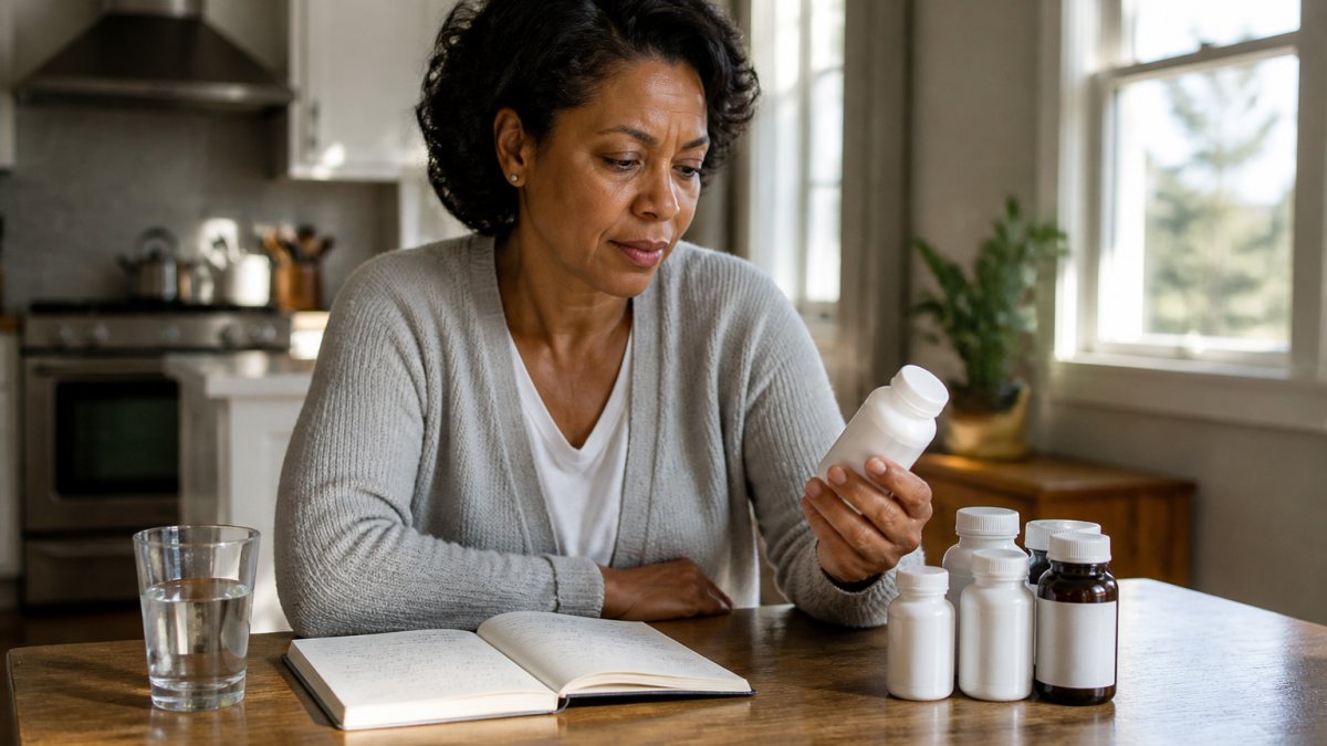 A person in their 40s sitting at a kitchen table with a notebook, a glass of water, and several supplement bottles arranged neatly, reviewing labels in natural morning light