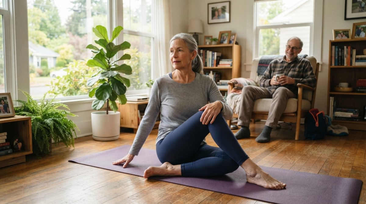 Woman performing gentle yoga stretches in bright home environment with natural light coming through windows, demonstrating proper form for nerve-friendly poses