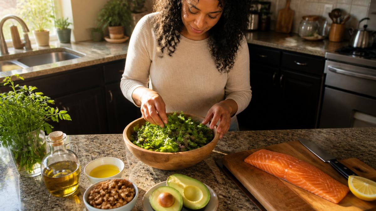 Overhead shot of a kitchen counter with a bowl of mixed greens, a dish of olive oil, avocado halves, walnuts, and a fillet of salmon on a wooden cutting board