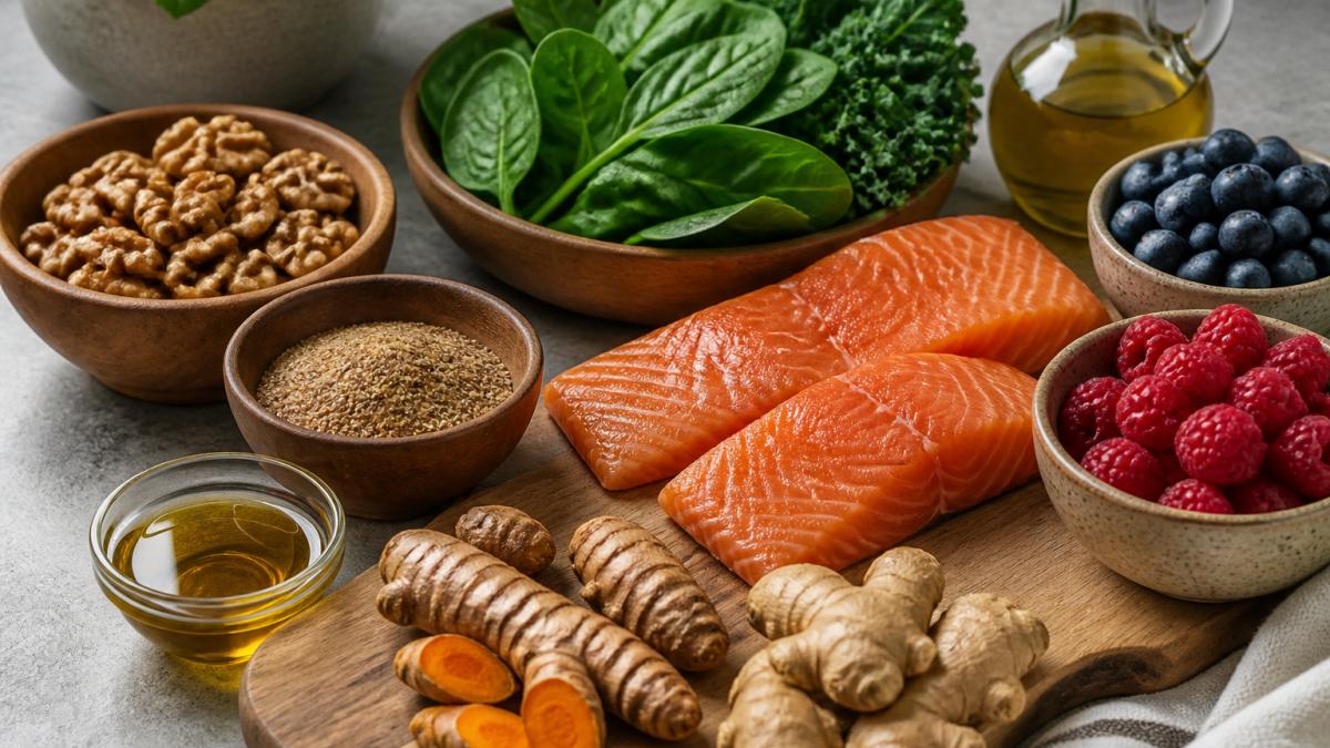 Salmon, walnuts, flaxseed, and fresh produce provide natural support for an anti-inflammatory diet.